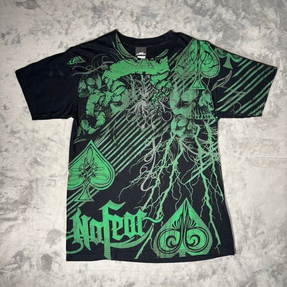 Vintage No Fear T-Shirt Mens M Black Green Skull Spade Lightning Graphic Tee Y2K - Picture 1 of 7